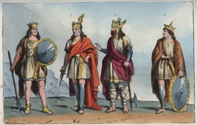 Merovingian dynasty - Pharamond, Chlodio, Merovech, and Clovis - engraving from 