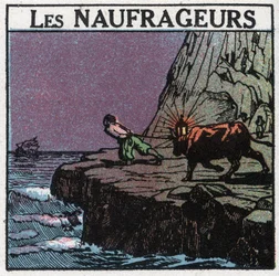 Light signals: the shipwrecks. A man hangs a lantern between the horns of a cow and walks along the coast to make the boats believe that they are still far from the rocks and thus provoke their sinking to recover the wreck. Anonymous illustration from 1925