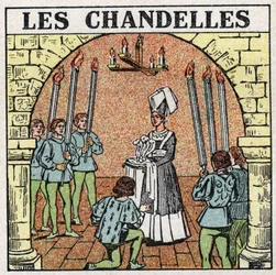 Light sources: candles used in the Middle Ages. Anonymous illustration from 1925. Private collection.