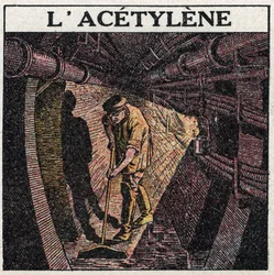 Light sources: illumination by acetylene used in drums. Anonymous illustration from 1925. Private collection.