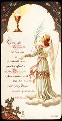 Like the angels we fight and fight for the glory of God. Pious image with a chalice and a host in which we see the monogram of Jesus Christ, JHS (JHS). 20th century. Private Collection