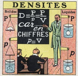 Liquid balance: a teacher teaching solid density and liquid density has students in a classroom. Anonymous illustration from 1925. Private collection.