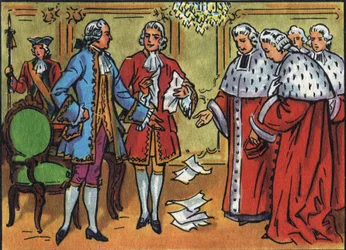 Louis XV, King of France, breaks down the rulings of the parliament. Anonymous illustration in 