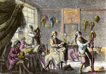 Louis XV fashion: view of the interior of a wig hairdresser