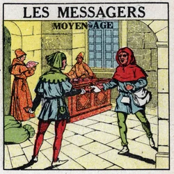 Mail: Messengers in the Middle Ages. Anonymous illustration of 1925. Private collection.