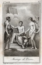 Marriage between Mars and Venus. Engraving from 1819 in 