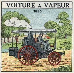 Mechanical traction: steam car of the Marquis Albert de Dion in 1885. Anonymous illustration from 1925. Private collection.