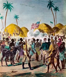 Meeting of journalist Henry Morton Stanley and David Livingstone, British doctor and explorer, on 10/11/1871 in Tanzania. Engraving of the 19th century