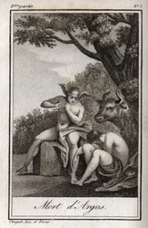 Mercury and Argus. Death of Argus: Mercury played the flute to fall asleep Argus and deliver the nymph Io, transformed into a cow. Engraving from 1819 in Lettres a Emilie sur la mythologie by Charles Albert Demoustier (1760-1801).