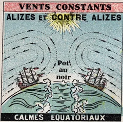 Meteorology: constant winds. Trade winds, counter-trade winds, equatorial calm zone. Anonymous illustration from 1925. Private collection.