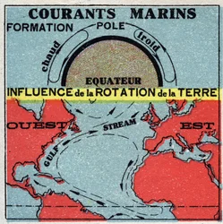Meteorology: marine currents. Influence of earth rotation. Gulf Stream. Anonymous illustration from 1925. Private collection.