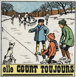Movements: children playing balls on the frozen ice of a pond in winter. Anonymous illustration from 1925. Private collection.