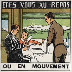 Movements: scene in the restaurant of a train where passengers do not move as the train moves forward. Anonymous illustration from 1925. Private collection.