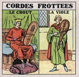 Musical instruments: rubbed string instruments. Players of crout and rapes in the Middle Ages. Anonymous illustration from 1925. Private collection.