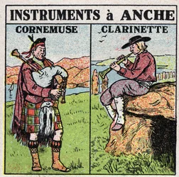 Musical instruments: wind instruments at hip. Pipe and clarinet players. Anonymous illustration from 1925. Private collection.