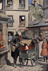 Old trades: the barbarous organ player in the streets of Paris (engraving in the headline of the Petit Journal, 26/04/1908)