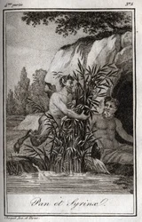 Pan and the nymph Syrinx transformed into reeds. Engraving from 1819 in 