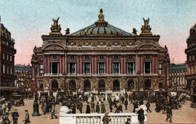 Paris: view of the Opera facade by Charles Garnier (1825-1898) and the Metro station on Place de l