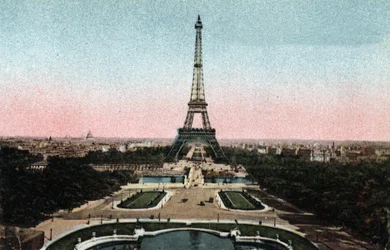 Paris: view of the Trocadero Gardens with the Eiffel Tower and the bridge of Iena on the Seine. Photograph of 1920 in 