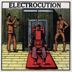 Physiological effects of electricity: electrocution of a death sentence by means of an electric chair in a penitentiary in the United States. Anonymous illustration from 1925. Private collection.