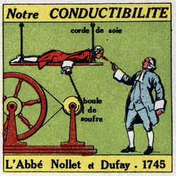 Physiological effects of electricity: experiment of Abbe Jean Antoine Nollet (1700-1770) and Charles Francois Du Fay (1698-1739) in 1745 on the conductivity of the human body. Anonymous illustration from 1925. Private collection.