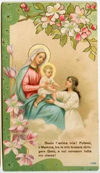 Pious image: Virgin with child, a pious girl takes Jesus in her arms