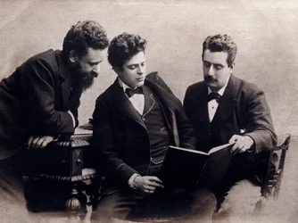 Portrait of Alberto Franchetti, Pietro Mascagni and Giacomo Puccini, Italian composers (Photograph, 1900 ca. Private collection)