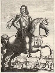 Portrait of Bernard of Saxony Weimar (1604-1639) with the capture of John of Werth by Duke Bernard and Duke of Rohan. Engraving of the 17th century. Private collection.
