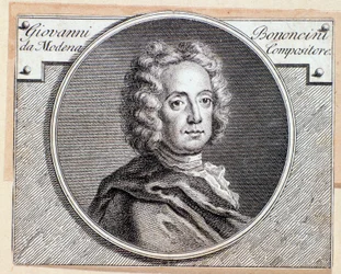 Portrait of Italian baroque composer and cellist Giovanni Battista Bononcini - 18th century engraving