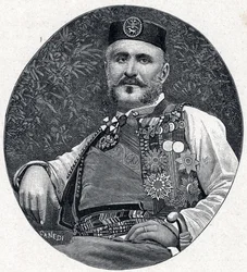 Portrait of Nicholas I of Montenegro (Nikola I Petrović-Njegoš) (Petrović-Njegoš) (1841-1921), Prince of Montenegro and the Brda. Engraving in "Les Missions Catholiques au XIXe Siecle" by Louis-Eugène (Louis Eugène) Louvet. Private collection.