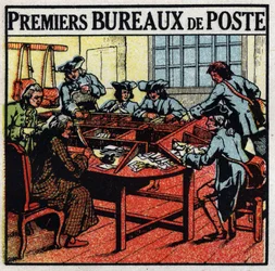 Post office: first post offices in Paris in the 18th century. Anonymous illustration from 1925. Private collection.