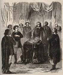 Reception of an Illuminatus (Illuminati) - Engraving from 1879 in Histoire des societes secretes, politiques et religieuses by Pierre Zaccone