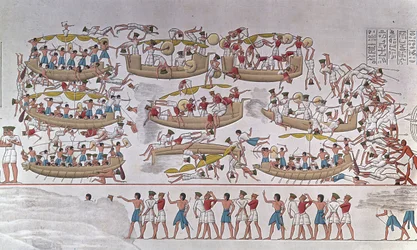 Representation of the Battle of the Nile Delta between the armies of Ramses III and the Peoples of the Sea. From a relief at the funerary temple of Medinet Habu, Egypt