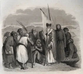 Saint Athanasius of Alexandria (Athanasius the Great) (295-373) visiting the solitaries of Egypt. Engraving from 1846 in 