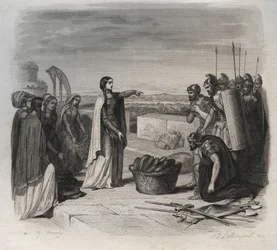 Saint Genevieve Distributing Food During the Siege of Paris by the Huns of Attila in 451. Engraving from 1846 in 