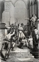 Saturnin of Toulouse (Saint Sernin, first Christian bishop of Toulouse) halted at the capitol of Toulouse - Engraving of 1846 in 