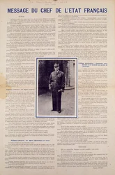 Second World War and Vichy regime: message from the French head of state Philippe Pétain published following the armistice signed by France in June 1940 and presenting the programme of the National Revolution, autumn 1940. Private Collection