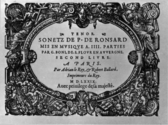 Second volume of the Sonnets of the French poet Pierre de Ronsard put to music by Guillaume Boni. Paris 1579