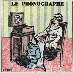 Sound energy: the phonograph. A mother and her son listen to a record on a Pathe phonograph. Anonymous illustration from 1925. Private collection.