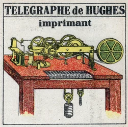 Telegraph: electric telegraph printer by David Edward Hughes (1831-1900). Anonymous illustration from 1925. Private collection.