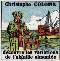 Terrestrial magnetism: Christopher Columbus discovers the variations of the magnetic needle of a compass during his journey to America in 1492. Anonymous illustration from 1925. Private collection.