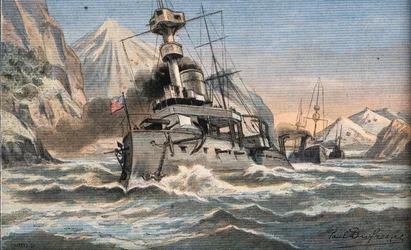 The American fleet in Magellan Detroit. Engraving from the newspaper Le Petro Parisien, 23/02/1908. Private collection.