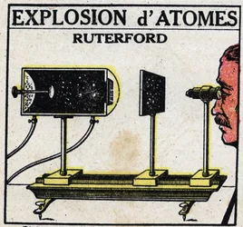 The Atom and Science: Explosion of Atoms by Ernest Rutherford (1871-1937). Anonymous illustration from 1925. Private collection.