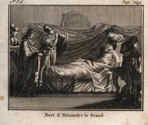 The Death of Macedonian King Alexander the Great (356-323 BC) - The Death of Alexander the Great (356-323 BC) - King of Macedonia (336-323 BC) - from The Youth Rollin or Selected Pieces of Ancient and Roman Stories 1816 - Private collection
