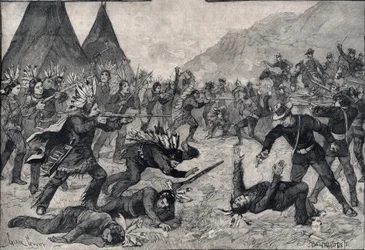 The Indian revolt in the United States: a fight between Sioux Indians and American troops. Engraving in 