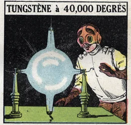 The atom and science: attempt to dissolve tungsten by volatilizing a fine wire of this metal to 40,000 degrees. Anonymous illustration from 1925. Private collection.