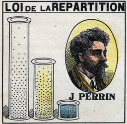 The atoms: law of distribution by Jean Perrin (1870-1942). Anonymous illustration from 1925. Private collection.
