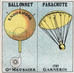The balloons: the balloon of General Jean-Baptiste Marie Charles Meusnier de la Place (1754-1793), and the parachute of Andre Jacques Garnerin (1769-1823) invented in 1797. Anonymous illustration from 1925. Private collection.