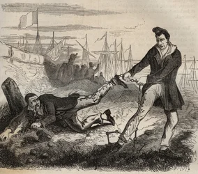 The biggest torment of the forcate is to be a mismate. Fight between two prisoners connected by the same chain. Bagne de Rochefort in the 19th century. Engraving in 