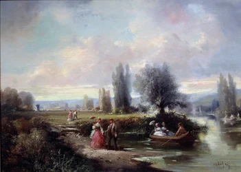 The boat ride. Anonymous painting of the 19th century